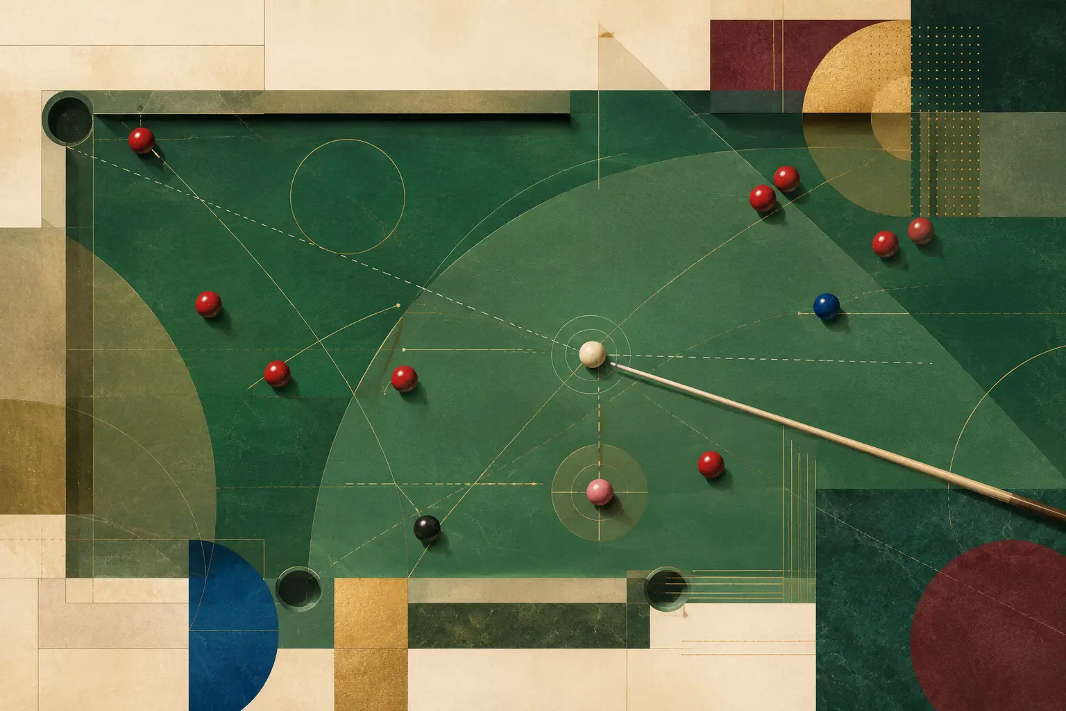 Abstract overhead study of cue-ball routes and practice patterns.